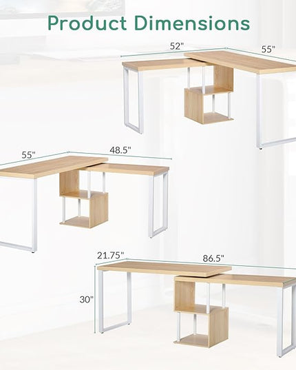 Airdown 55 Inch Reversible L Shaped Home Office Computer Desk with 2-Tier Storage Shelf for Bedroom, Dorm, Study Room, Light Oak - LeafyLoom