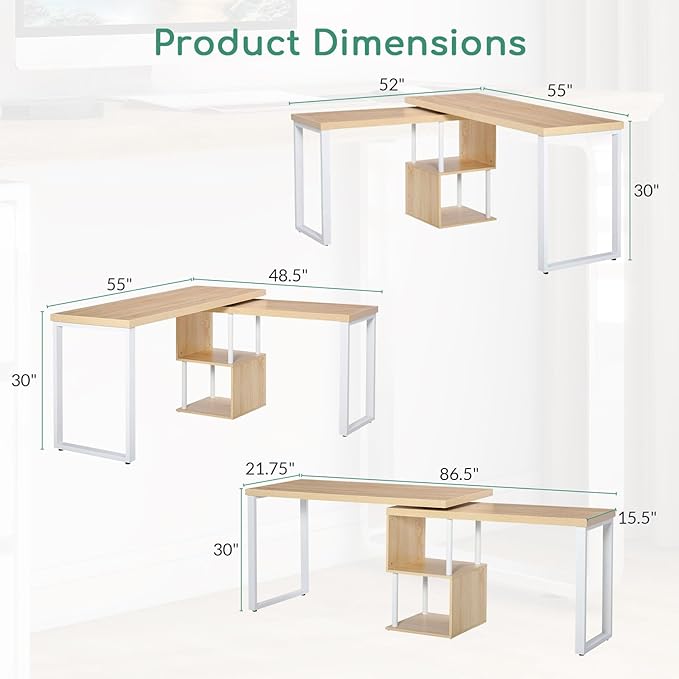 Airdown 55 Inch Reversible L Shaped Home Office Computer Desk with 2-Tier Storage Shelf for Bedroom, Dorm, Study Room, Light Oak - LeafyLoom