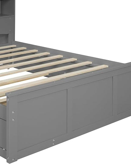Full Size Wood Pltaform Trundle and 3 Drawers/Upper Shelves,Multifunctional Storage Bed Frame,W/a Set of USB Ports & Sockets,for Apartment,Bedroom,Living Room,Gray - LeafyLoom