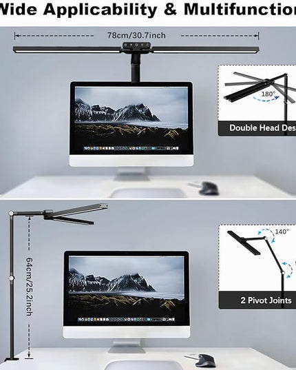 LED Desk Lamp for Home Office with Clamp - Eye Caring Architect 24W Double Head Monitor Light Bar, Super Wide & Bright, Dimmable & 5 Color Modes, Clip Table Lamp for Computer Screen, Work - LeafyLoom