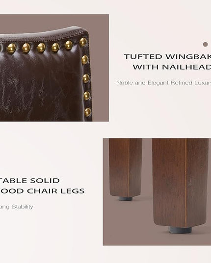 MCQ Upholstered Dining Chairs Set of 4, Modern Upholstered Fabric Dining Room Chair with Nailhead Trim and Wood Legs, Mid-Century Accent Dinner Chair for Living Room, Kitchen, Dark Brown - LeafyLoom