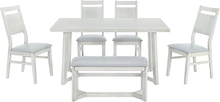 6-Piece Wood Dining Table Set with 4 PU Upholstered Chairs and Bench, Large Tabletop, for Kitchen Living Room, Farmhouse Style, Gray, 59" L x 35.4" W x 30" H - LeafyLoom