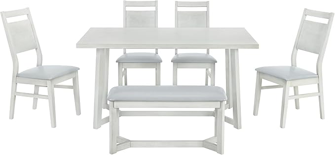 6-Piece Wood Dining Table Set with 4 PU Upholstered Chairs and Bench, Large Tabletop, for Kitchen Living Room, Farmhouse Style, Gray, 59" L x 35.4" W x 30" H - LeafyLoom