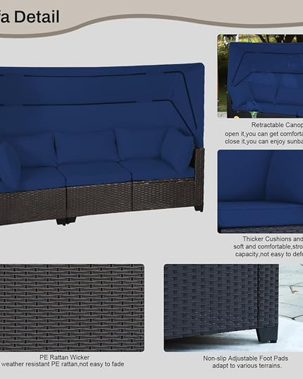 6 PCS Outdoor Patio Furniture Set,Sectional Sofa Set,Rattan Daybed with Retractable Canopy,Adjustable Backrest,Storage Coffee Table,Chaise Chair Sunbed for Garden Poolside Backyard(Dark Blue) - LeafyLoom