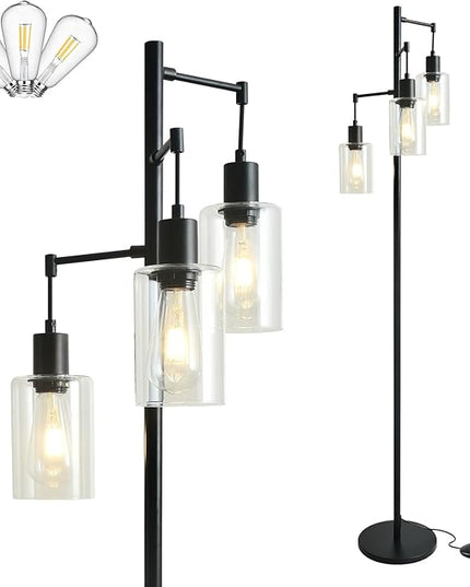 3-Lights Floor Lamp with On/Off Foot Switch, Farmhouse Glass Floor Lamp Tall Pole Lamp for Living Room Bedroom Office，Industrial Black Tree Standing Lamp, LED 3 Bulbs Included - LeafyLoom