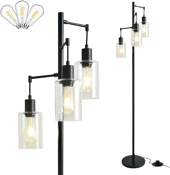 3-Lights Floor Lamp with On/Off Foot Switch, Farmhouse Glass Floor Lamp Tall Pole Lamp for Living Room Bedroom Office，Industrial Black Tree Standing Lamp, LED 3 Bulbs Included - LeafyLoom