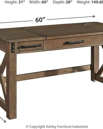 Signature Design by Ashley Aldwin Rustic Farmhouse 60" Home Office Lift Top Desk with Charging Ports, Distressed Gray - LeafyLoom