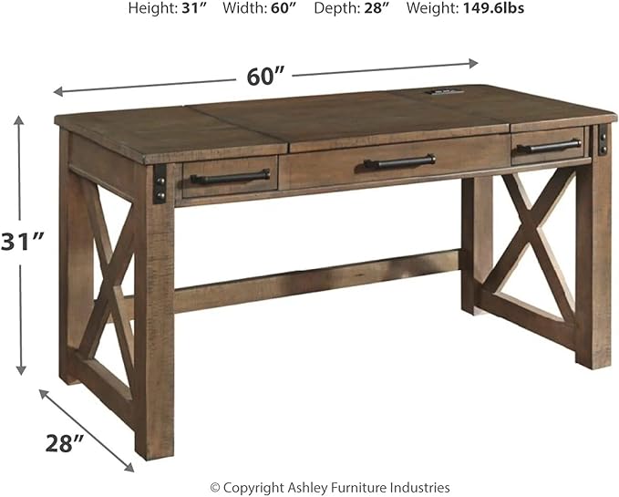 Signature Design by Ashley Aldwin Rustic Farmhouse 60" Home Office Lift Top Desk with Charging Ports, Distressed Gray - LeafyLoom