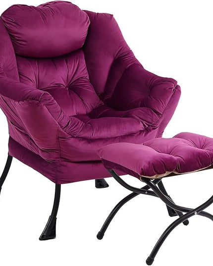 Lazy Chair with Ottoman, Modern Chair with Folding Footrest, Lounge Accent Chair, Comfortable Reading Chair (Dark Purple) - LeafyLoom