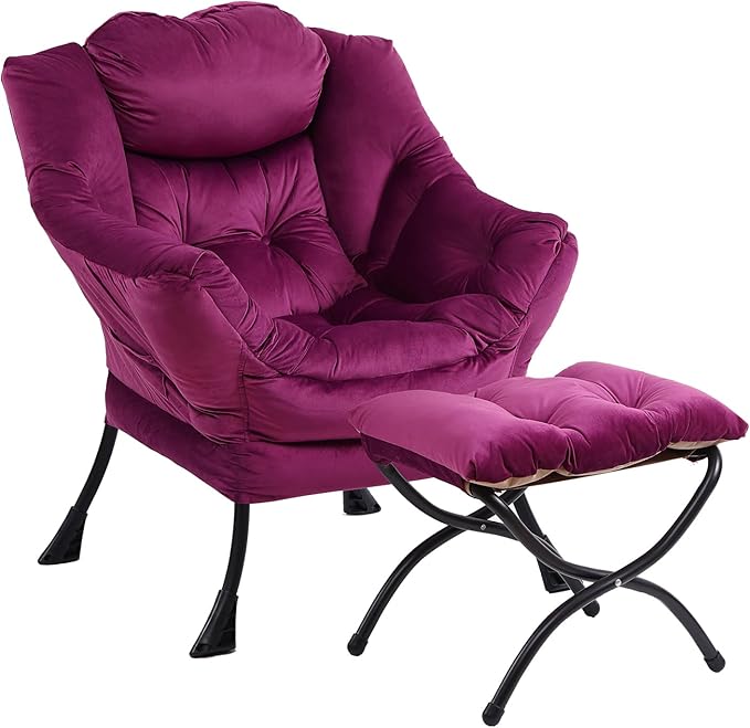 Lazy Chair with Ottoman, Modern Chair with Folding Footrest, Lounge Accent Chair, Comfortable Reading Chair (Dark Purple) - LeafyLoom