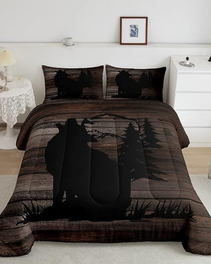 Cute Wolf Comforter Set for Girls Kids Wolves Howling Bedding Set Room DecorAnimal Wolves Tree Wood Grain Bedding Set Brown Black Duvet Set 3Pcs with 2 Pillow Case Queen Size Boys - LeafyLoom