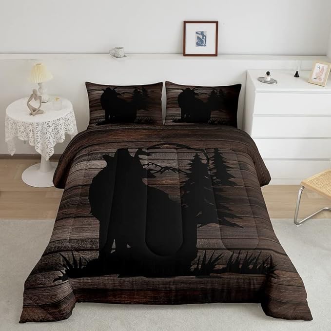 Cute Wolf Comforter Set for Girls Kids Wolves Howling Bedding Set Room DecorAnimal Wolves Tree Wood Grain Bedding Set Brown Black Duvet Set 3Pcs with 2 Pillow Case Queen Size Boys - LeafyLoom