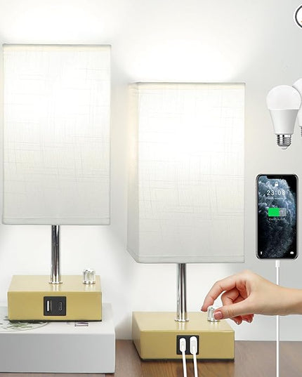 Small Table Lamp Set of 2 - Fully Dimmable Bedside Lamp for Bedroom Kids with USB C+A Ports & AC Outlet, Gold Nightstand Lamp for Home Office. Square Beige Fabric Shade Metal Base(LED Blubs Included). - LeafyLoom