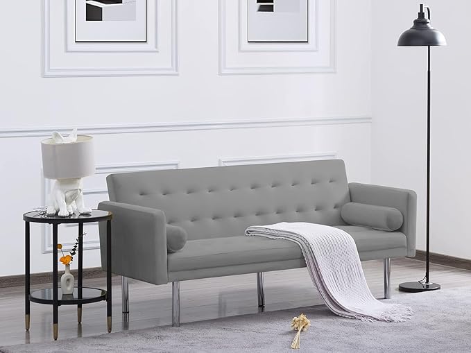 Mid-Century Living Room Furniture Sets Modern Tufted Loveseat Sofa with Adjusting Backrest & 2 Pillows Metal Legs Comfy Couch Folding Daybed for Small Spaces Office,Grey Sofá, Gray-1 - LeafyLoom