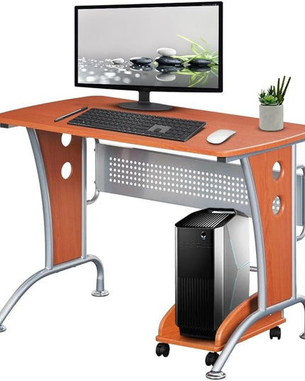 TECHNI MOBILI Modern Computer Desk With Mobile CPU Caddy. Color: Dark Honey - LeafyLoom