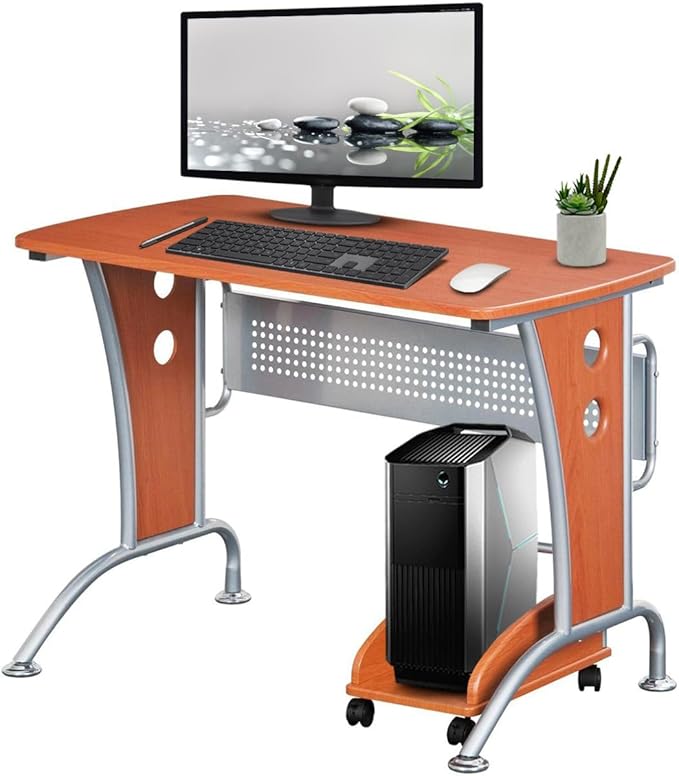 TECHNI MOBILI Modern Computer Desk With Mobile CPU Caddy. Color: Dark Honey - LeafyLoom