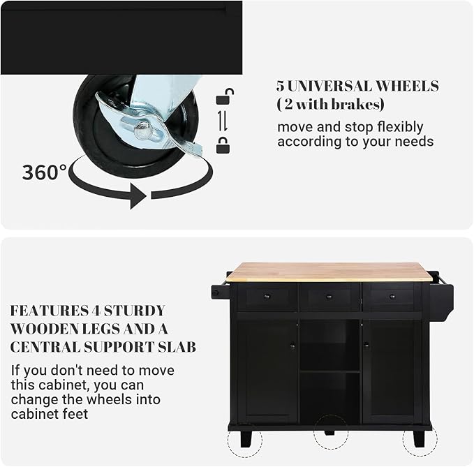 Kitchen Island with Drop Leaf and Storage 53in Rolling Kitchen Island On Wheels Black Large Mobile Kitchen Island Cart with Drawers Cabinet Spice Rack Towel Rack Storage for Kitchen - LeafyLoom