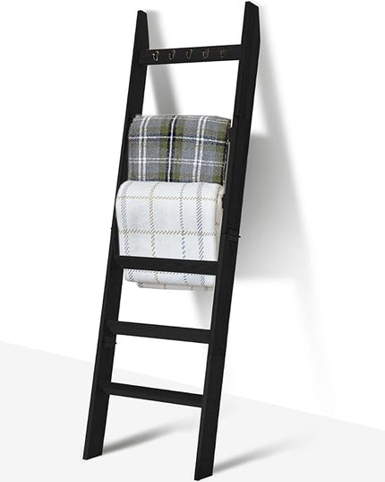 TEAKMAMA Blanket Ladder for Living Room and Bedroom, 5.4 Ft Wall Leaning Blanket Rack, Rustic Decorative Farmhouse Blanket Storage, Quilt Rack, Ladder Holder, Easy to Assemble (Black) - LeafyLoom