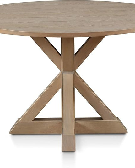 Finch Alfred Round Solid Wood Rustic Dining Table for Farmhouse Kitchen Room Decor, Wooden Trestle Pedestal Base, 46.5" Wide Circular Tabletop, Distressed Beige, 47 in x 47 in x 29.2 in - LeafyLoom