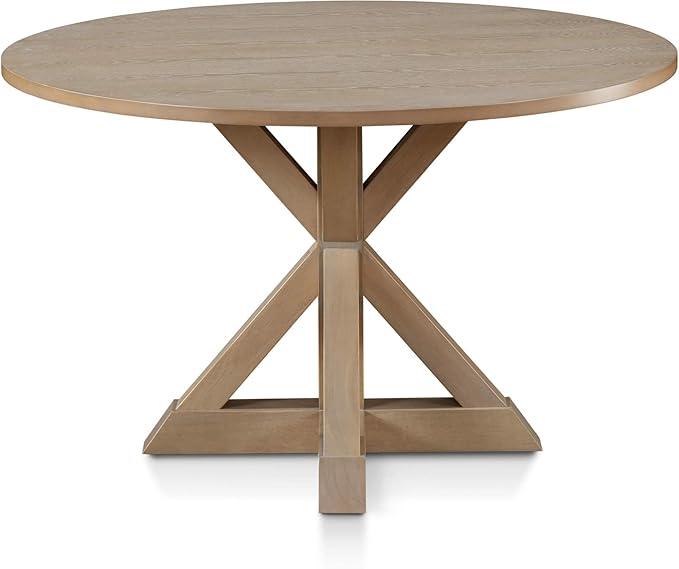 Finch Alfred Round Solid Wood Rustic Dining Table for Farmhouse Kitchen Room Decor, Wooden Trestle Pedestal Base, 46.5" Wide Circular Tabletop, Distressed Beige, 47 in x 47 in x 29.2 in - LeafyLoom