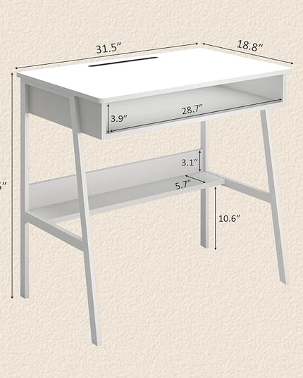 Small Computer Desk, Bureau de Travail, 31.5inch White Desk, Bureau Gaming Desk, Study Table, Sit Stand Desk with Drawers, Wood Dressing Desk with Metal Frame, for Bedroom, Livingroom, Office - LeafyLoom