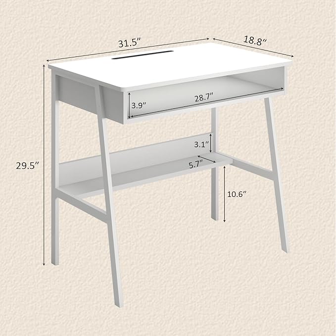 Small Computer Desk, Bureau de Travail, 31.5inch White Desk, Bureau Gaming Desk, Study Table, Sit Stand Desk with Drawers, Wood Dressing Desk with Metal Frame, for Bedroom, Livingroom, Office - LeafyLoom