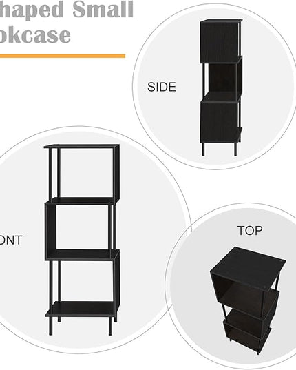 smusei 4 Tier Bookshelf for Small Spaces Narrow Black Bookcase Organizer S-Shaped Wood Corner Bookshelves for Bedroom, Study Room, Living Room and Home Office - LeafyLoom