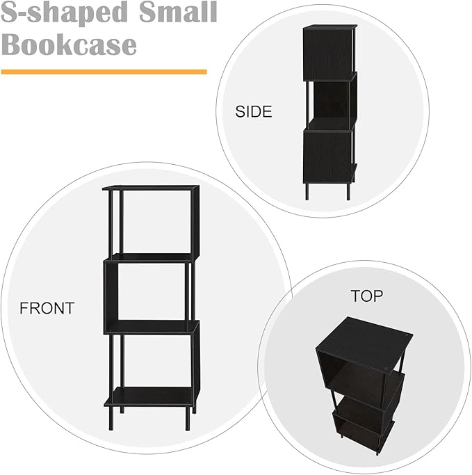 smusei 4 Tier Bookshelf for Small Spaces Narrow Black Bookcase Organizer S-Shaped Wood Corner Bookshelves for Bedroom, Study Room, Living Room and Home Office - LeafyLoom