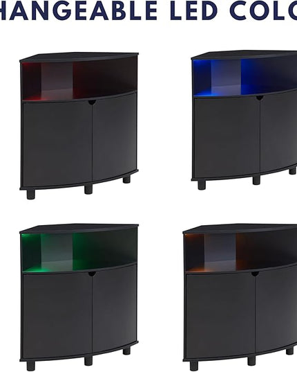 Berg Modern 31-inch 16 Colors LED Corner Cabinet with Doors and 2 Shelves, USB Charge Cord, Small TV Stand for Living Room, Home Office, Black Pure - LeafyLoom