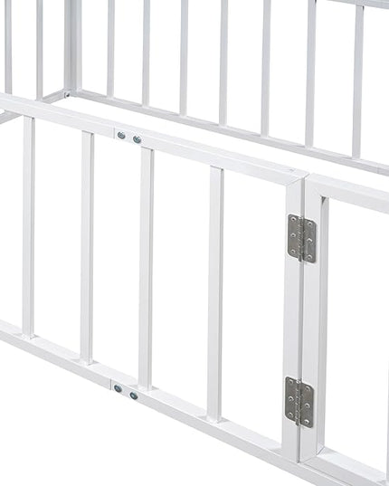 RITSU Twin Size Metal Floor Fence Bed, Montessori Bedframe, with Safety Guardrail and Door, for Children Bedroom, Boys Girls, Apartment, Strong & Durable, Easy to Assemble, White - LeafyLoom