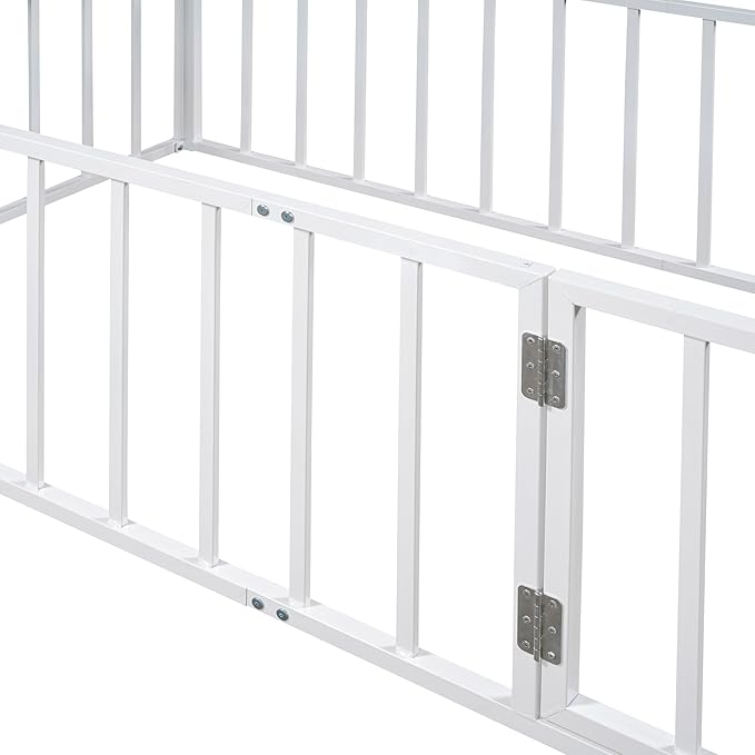 RITSU Twin Size Metal Floor Fence Bed, Montessori Bedframe, with Safety Guardrail and Door, for Children Bedroom, Boys Girls, Apartment, Strong & Durable, Easy to Assemble, White - LeafyLoom