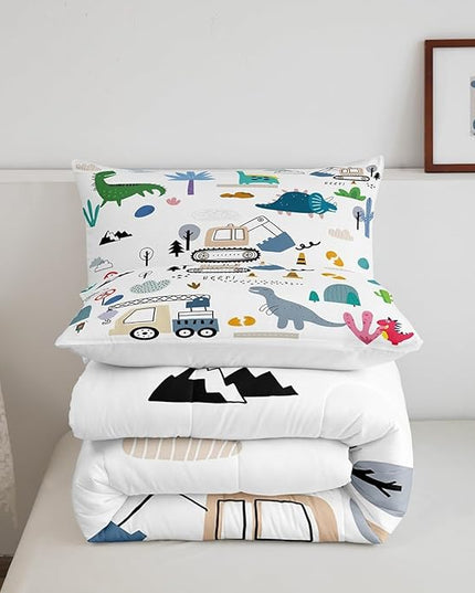 Cartoon Car Comforter Set King Size, Kawaii Dino Bedding For Child, Machinery Trucks Construction Vehicle Cartoon Dinosaurs Bedding Comforter Sets, Cute Wild Animal Equipment Blue Gray Green Quilt - LeafyLoom