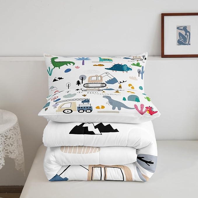 Cartoon Car Comforter Set King Size, Kawaii Dino Bedding For Child, Machinery Trucks Construction Vehicle Cartoon Dinosaurs Bedding Comforter Sets, Cute Wild Animal Equipment Blue Gray Green Quilt - LeafyLoom
