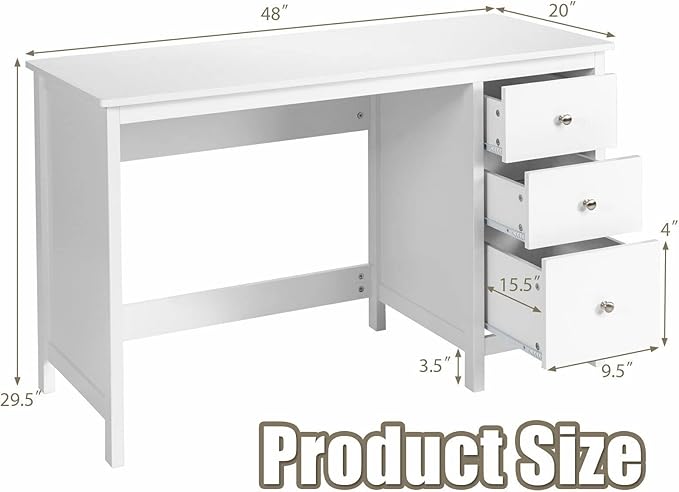 3-Drawer Computer Desk, White - LeafyLoom