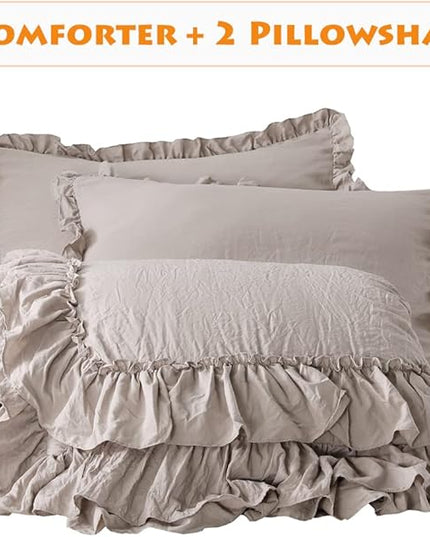 Shabby Ruffled King Comforter Set,Farmhouse Taupe Bedding Comforter Lightweight Ultra Soft Vintage Rustic Microfiber Bedding 3pc (1 Ruffle Comforter and 2 Pillowcases) - LeafyLoom