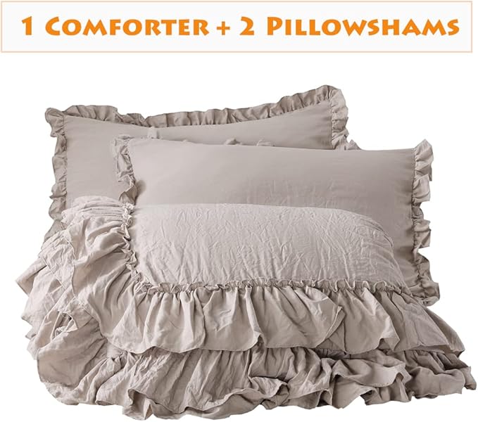 Shabby Ruffled King Comforter Set,Farmhouse Taupe Bedding Comforter Lightweight Ultra Soft Vintage Rustic Microfiber Bedding 3pc (1 Ruffle Comforter and 2 Pillowcases) - LeafyLoom