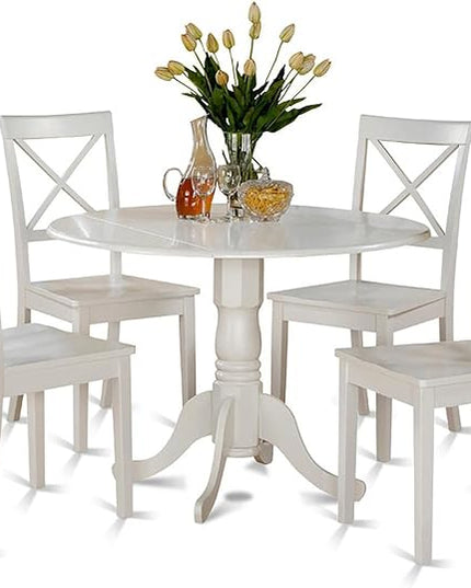 East West Furniture DLBO5-WHI-W 5 Piece Kitchen Table Set for 4 Includes a Round Dining Room Table with Dropleaf and 4 Solid Wood Seat Chairs, 42x42 Inch, Linen White - LeafyLoom