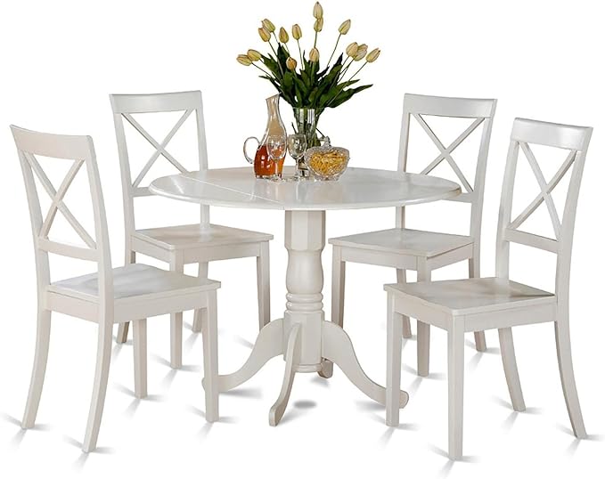East West Furniture DLBO5-WHI-W 5 Piece Kitchen Table Set for 4 Includes a Round Dining Room Table with Dropleaf and 4 Solid Wood Seat Chairs, 42x42 Inch, Linen White - LeafyLoom