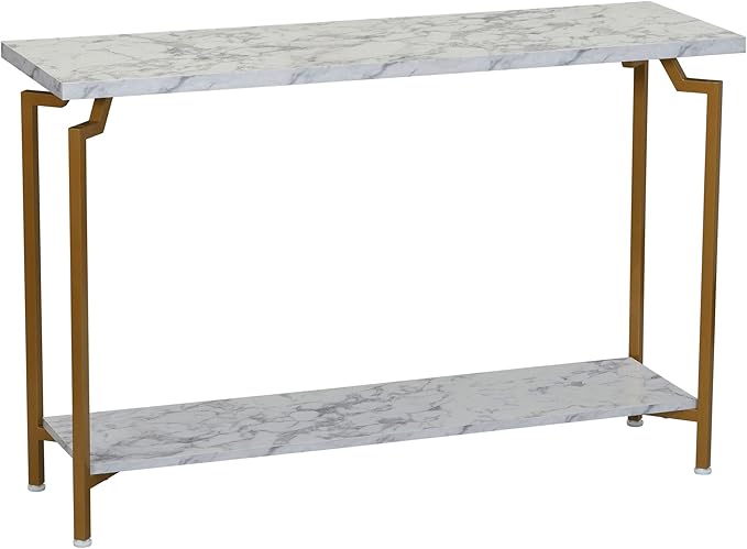 Household Essentials Crown Console Sofa Table with Storage Shelf White Marble and Gold Metal - LeafyLoom