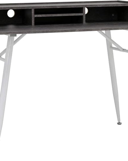 Calico Designs Woodford 45” Wide Modern, Secretary, Writing, Desk with Low Storage Hutch and Whtie Metal Tapered Legs in Marbled Dark Grey, White - LeafyLoom