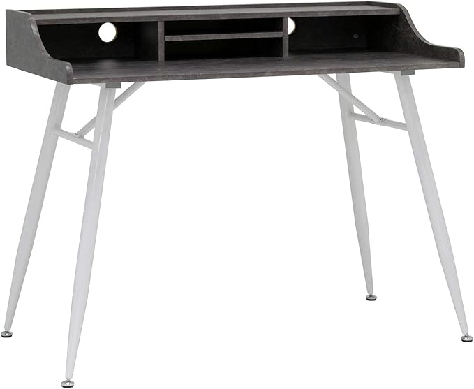 Calico Designs Woodford 45” Wide Modern, Secretary, Writing, Desk with Low Storage Hutch and Whtie Metal Tapered Legs in Marbled Dark Grey, White - LeafyLoom