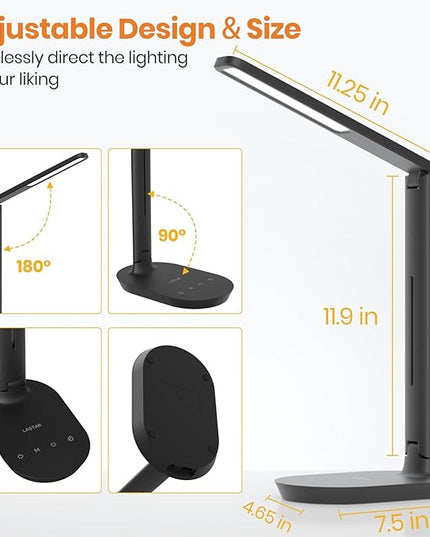 LASTAR Desk Lamp, Dimmable Eye-Protecting Table Lamps with Night Light, USB Charging Port, 4 Color Temperature Modes, 5 Brightness Levels, 1H Timer, Touch Control for Home Office Bedroom - LeafyLoom
