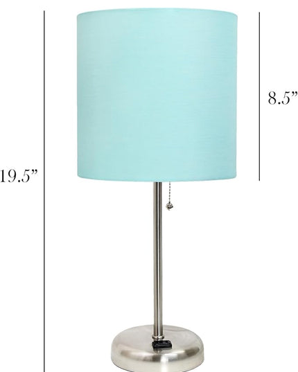 Simple Designs LT1144-AQU Sleek and Slender Brushed Steel Table Lamp with Charging Outlet, for Bedroom, Living Room, Entryway, Office, Dining Room, Study, Aqua Shade - LeafyLoom