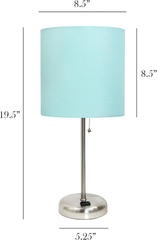 Simple Designs LT1144-AQU Sleek and Slender Brushed Steel Table Lamp with Charging Outlet, for Bedroom, Living Room, Entryway, Office, Dining Room, Study, Aqua Shade - LeafyLoom