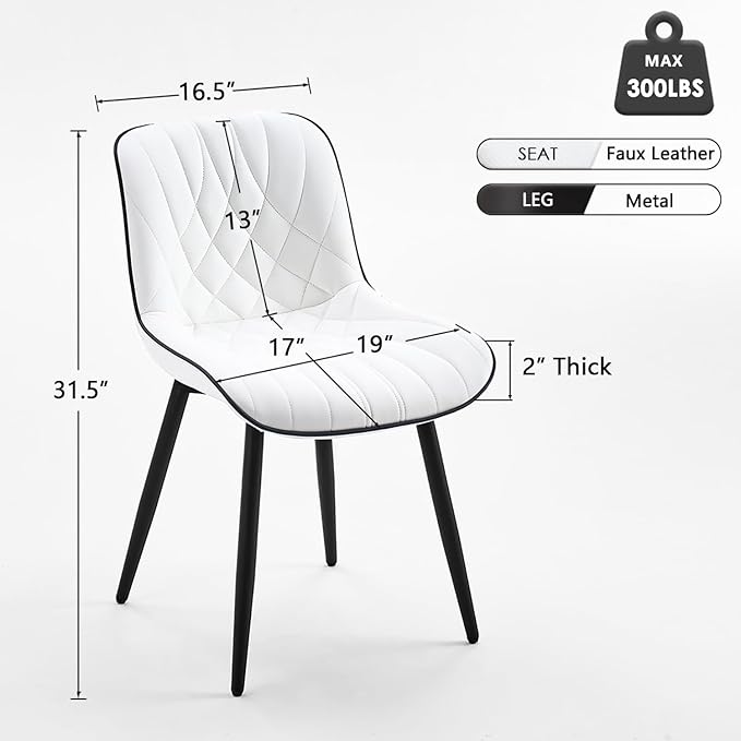 YOUNUOKE Dining Chairs Set of 2 Mid Century Modern Kitchen Chair Comfortable Upholstered Faux Leather Dinner Chairs for Kitchen Dining Room, White - LeafyLoom