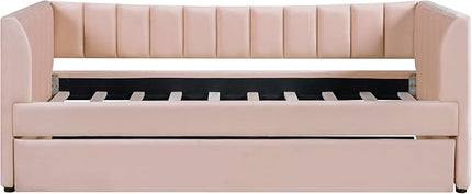 Twin Size Upholstered Velvet Daybed with Trundle,Wood Bed Frame w/ 2 Armrests,Slat Support,No Box Spring Needed,for Small Living Spaces and Accommodating Guests,Pink - LeafyLoom