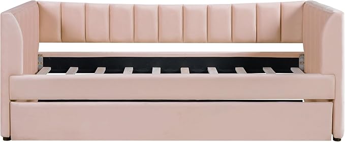 Twin Size Upholstered Velvet Daybed with Trundle,Wood Bed Frame w/ 2 Armrests,Slat Support,No Box Spring Needed,for Small Living Spaces and Accommodating Guests,Pink - LeafyLoom