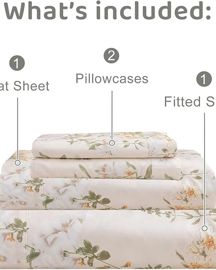 QSH Floral King Size Sheet Sets - 100% Egyptian Cotton Floral Bedding Sheets Yellow Green Leaves Flower Pattern Printed Bedding King Size Bed Sheets 17.5" Extra Deep Pocket 4pcs - LeafyLoom