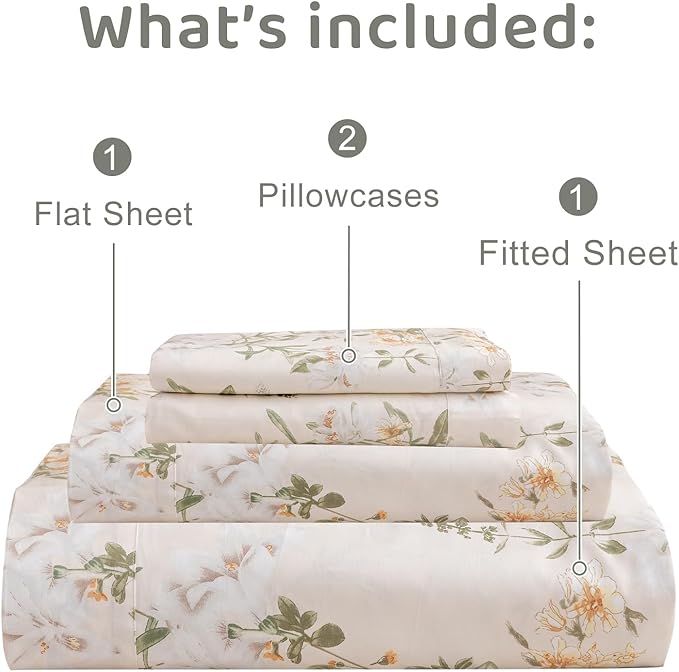 QSH Floral King Size Sheet Sets - 100% Egyptian Cotton Floral Bedding Sheets Yellow Green Leaves Flower Pattern Printed Bedding King Size Bed Sheets 17.5" Extra Deep Pocket 4pcs - LeafyLoom