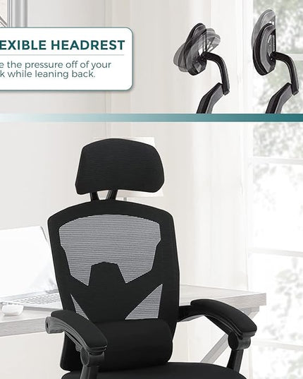 edx Ergonomic Office Chair, Reclining High Back Mesh Computer Desk Swivel Rolling Home Task Chair with Lumbar Support Pillow, Adjustable Headrest, Retractable Footrest and Padded Armrests, Black - LeafyLoom